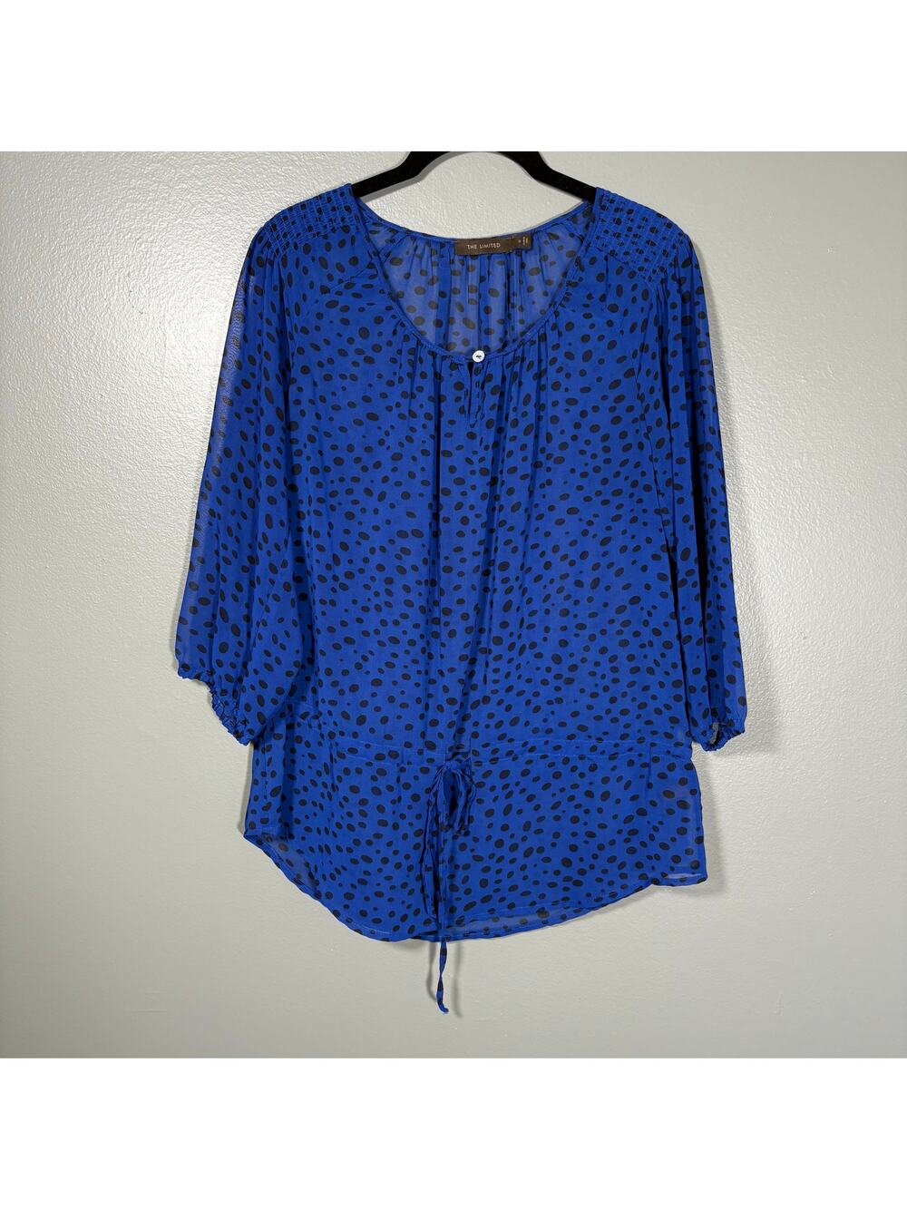 The Limited Women's Blue Polka Dot Semi-Sheer Peasant Top - Small - Drawstring